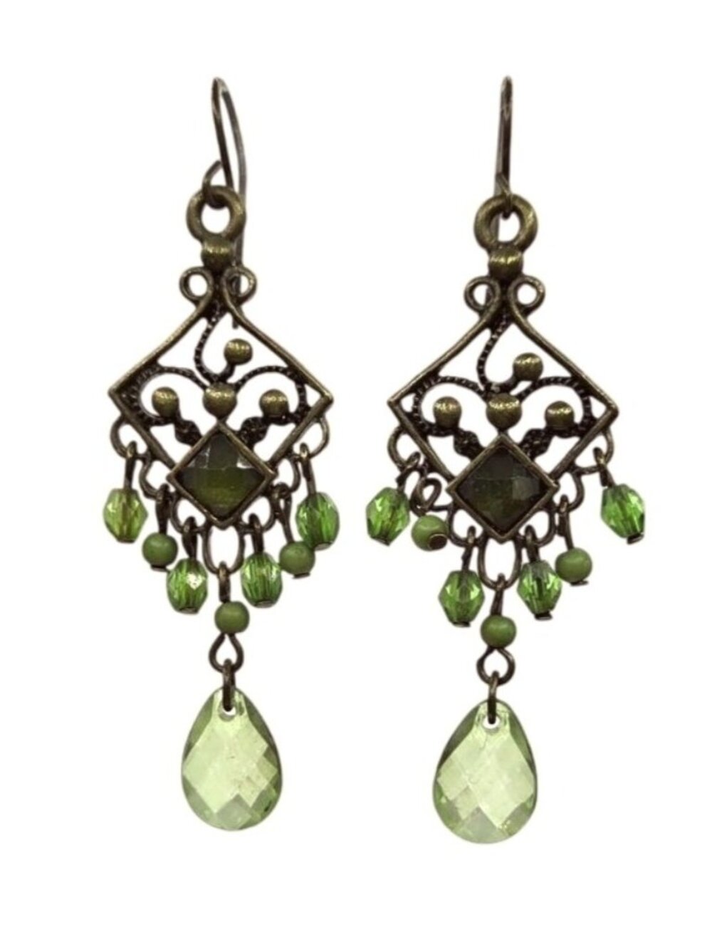 Boho Bronze Chandelier Earrings With Green Glass Beads
